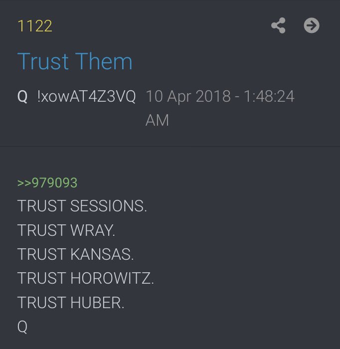 Q has told us to trust certain people & most do, but not all as Q has also said that he uses disinformation because the enemy also reads the Q drops. (See screenshots below). Disinfo is real/necessary.TRUST SESSIONSTRUST WRAYTRUST KANSASTRUST HOROWITZTRUST HUBERQ10/