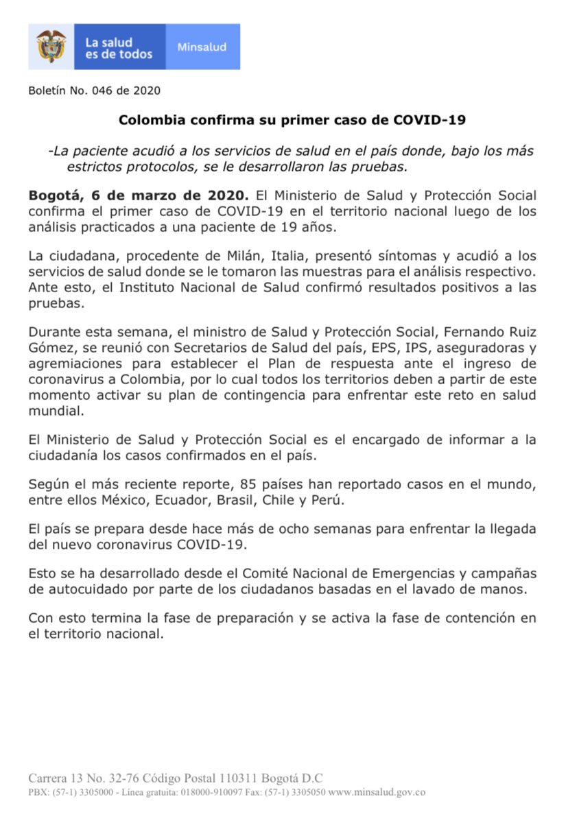 MinSaludCol's tweet image. #ATENCIÓN Se confirma primer caso de coronavirus COVID-19 en Colombia