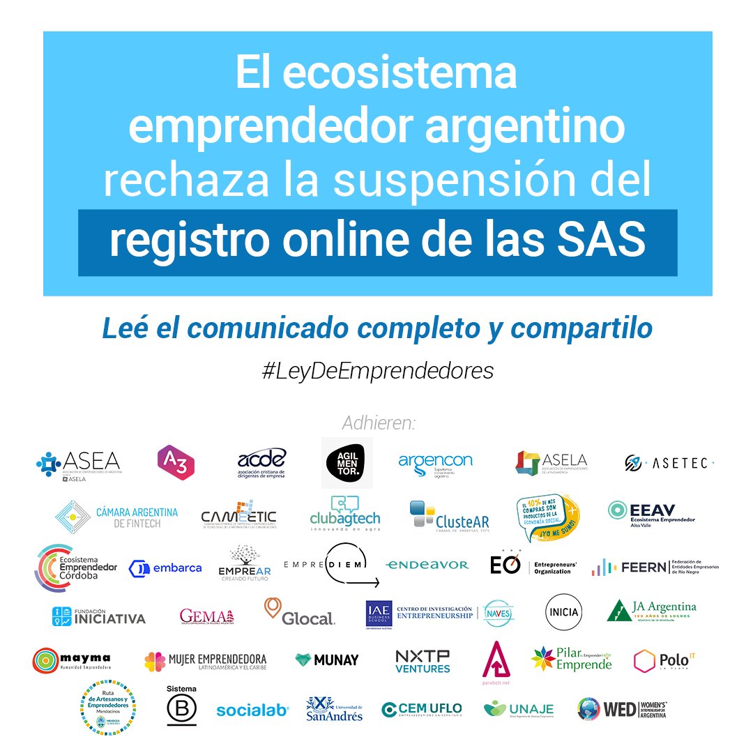 aseaorg's tweet photo. ASEA y 40 organizaciones que conforman el ecosistema emprendedor argentino rechazan la suspensión del registro online de las SAS que decidió la IGJ a finales de febrero. Leé el comunicado completo y compartilo: https://t.co/NLI6OZ8ieE #LeyDeEmprendedores https://t.co/oUplzN0MFh