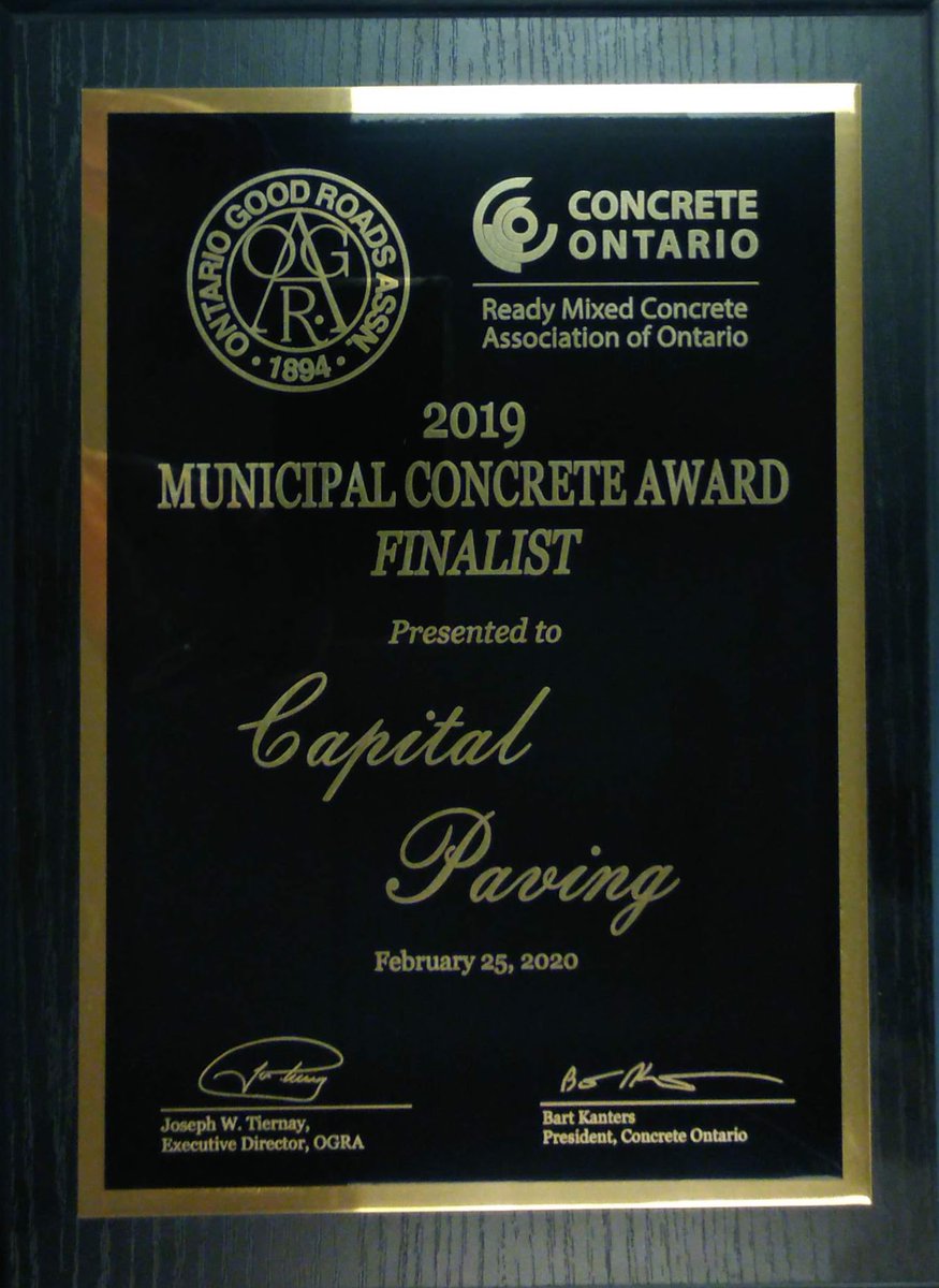 Capital Paving emerged as a provincial finalist for OGRA’s 2019 Municipal Concrete Project of the Year. Another example of Quality Construction by Quality People. #OGRA2020 #QualityConstruction  #QualityConcrete @Ont_Good_Roads