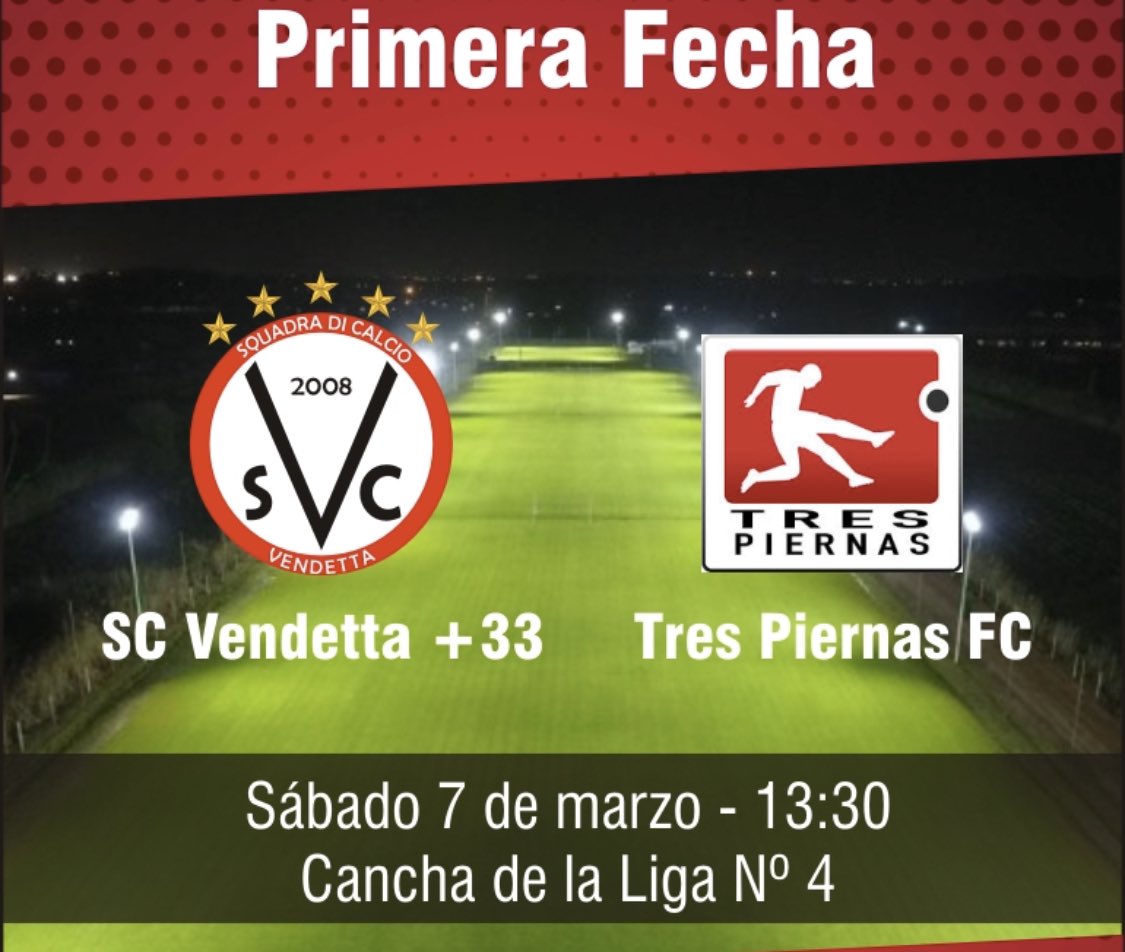 Fecha 1 <a href="/LIGA_MVD/">LIGA MVD</a> 
<a href="/33Vendetta/">S.C Vendetta +33</a> 🆚 <a href="/trespiernasFcUy/">Trespiernas FC</a> 
⏰13:30
🏟Complejo MVD cancha 4
