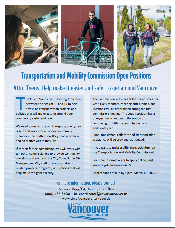 BikeClarkCounty's tweet photo. The City of Vancouver is looking for someone between the ages of 16 and 19 to volunteer on its transportation and mobility commission. https://t.co/UG14w7q3dL