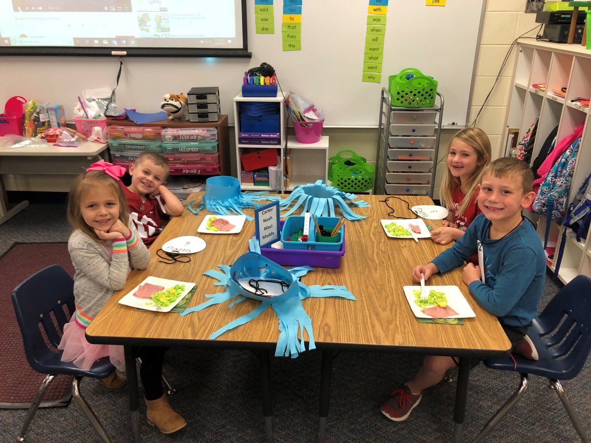 UmatillaElem's tweet photo. Mrs. Strem's Kindergarten "Things" enjoyed Green Eggs and Ham this morning. #DrSeussWeek https://t.co/a1sVNs9vj6