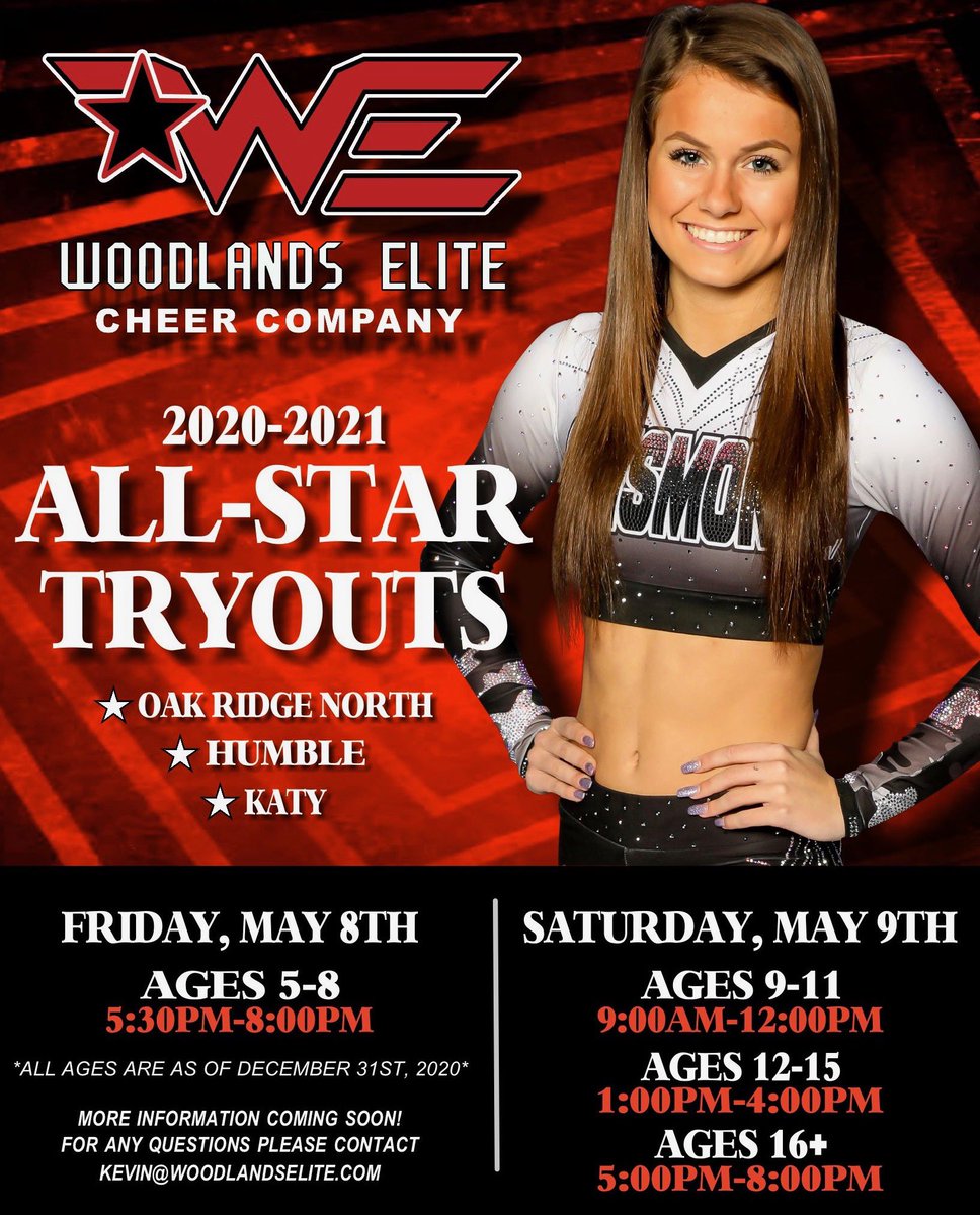 ATTN: HOUSTON, TX‼️
The @WoodlandsCheer powerhouse program Levels 1-6 have announced Tryout Dates for the 2020/2021 season‼️

▪️Friday, May 8 - Ages 5-8
▪️Saturday, May 9 - Ages 9-16+

More information at woodlandselite.com 📢
