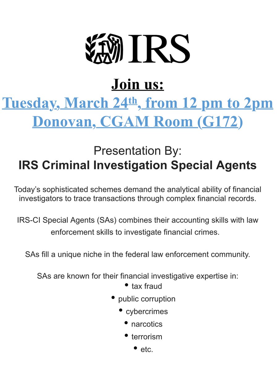 Come and join us for a special presentation from the IRS Criminal Investigation Special Agents, March 24 @ 12pm!