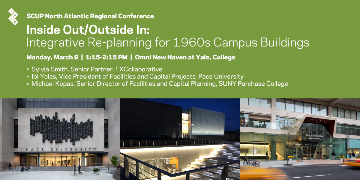 See you Monday at #SCUPNA2020 in New Haven, CT! At 1:15 PM, <a href="/FXCollaborative/">FXCollaborative</a>'s Sylvia Smith and leadership from <a href="/PaceUniversity/">Pace University</a> &amp; <a href="/SUNY_Purchase/">Purchase College, SUNY</a> will discuss integrative re-planning for 1960s campus buildings in "Inside Out/Outside In." <a href="/Plan4HigherEd/">SCUP</a> bit.ly/2DaAh1L