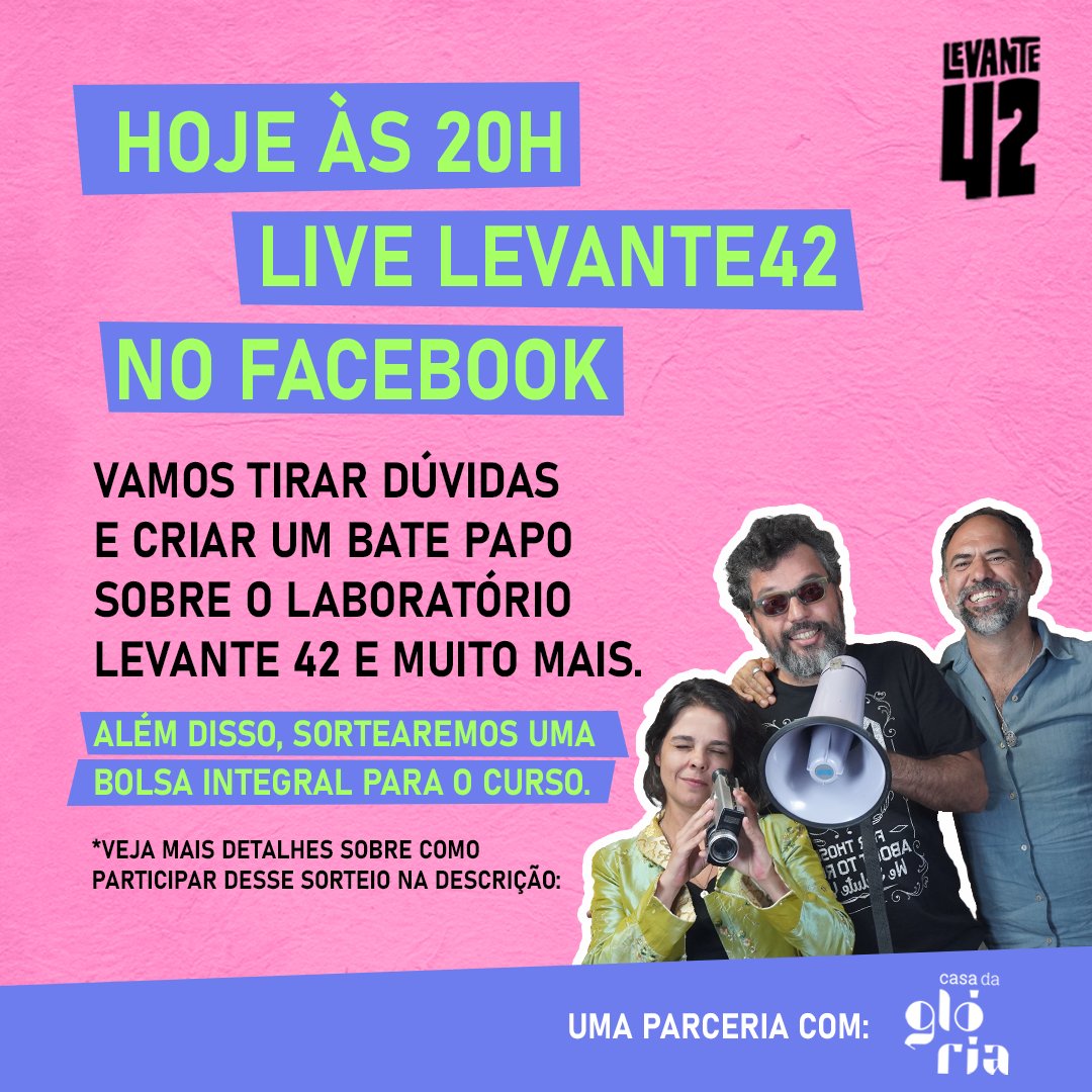 levante42's tweet photo. ⚠   LIVE + SORTEIO ⚠
Olá, pessoal! Hoje, às 20h, faremos uma live no nosso Facebook para falarmos sobre o Laboratório Levante 42.

Quer ganhar uma bolsa integral para o nosso curso de roteiro? Entra agora no IG, e saiba como:
https://t.co/QbC9hs206f https://t.co/1vIXXkYLQl