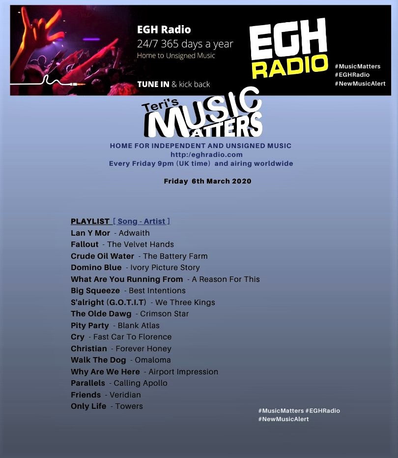 MusicMatters_T's tweet photo. ∞ TODAY ∞
Tune in to @EGHRadio 9pmUK enjoy the fresh unique sound on Teri's #MusicMatters #ListenHere
⇨https://t.co/85uswnZvMu
ft
@adwaithband
@thevelvethands1
@TheBatteryFarm
@IvoryPictureS
@A_ReasonForThis
@bestintentionss
#NewMusicAlert #MusicFriday
https://t.co/5ZGwZ31pzC https://t.co/gvzBkRL553
