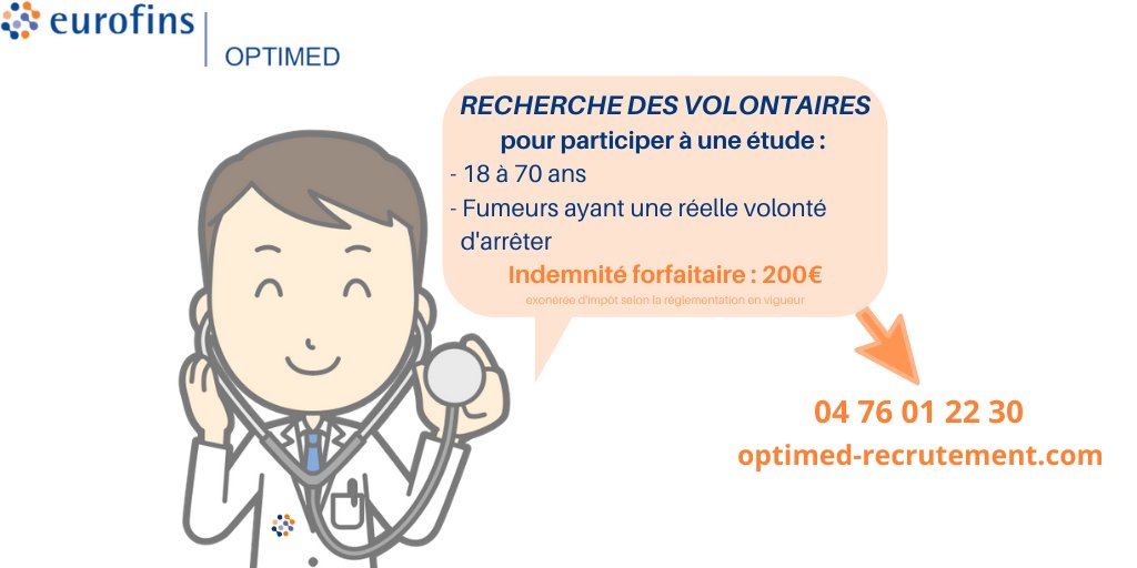 #Grenoble #Isère Nous recherchons des volontaires pour l'étude #1032-Arrêt du tabac, indemnisée 200€ ! 
Pour plus d'infos, merci de contacter le 0476012230.
#Medical #Eurofins #Tabac