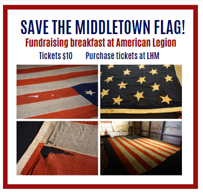 LHM1865's tweet photo. The Middletown Flag was hand sewn by the ladies of Middletown in 1860 to be used at a presidential campaign rally in Springfield where Abraham Lincoln sat upon it as he rode to the fairgrounds to make a speech. You do your part to #savetheflag by purchasing a breakfast ticket! https://t.co/DkKYlY364O