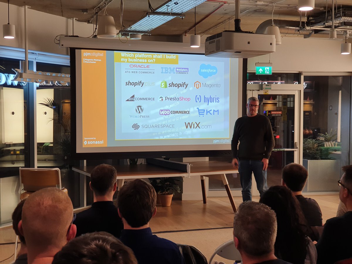 PushONltd's tweet photo. And here we have @philmyerscough discussing recommended platforms such as #Magento and #Spotify, and common questions asked by his clients. #McrMagentoMeetup https://t.co/wobgV7g897