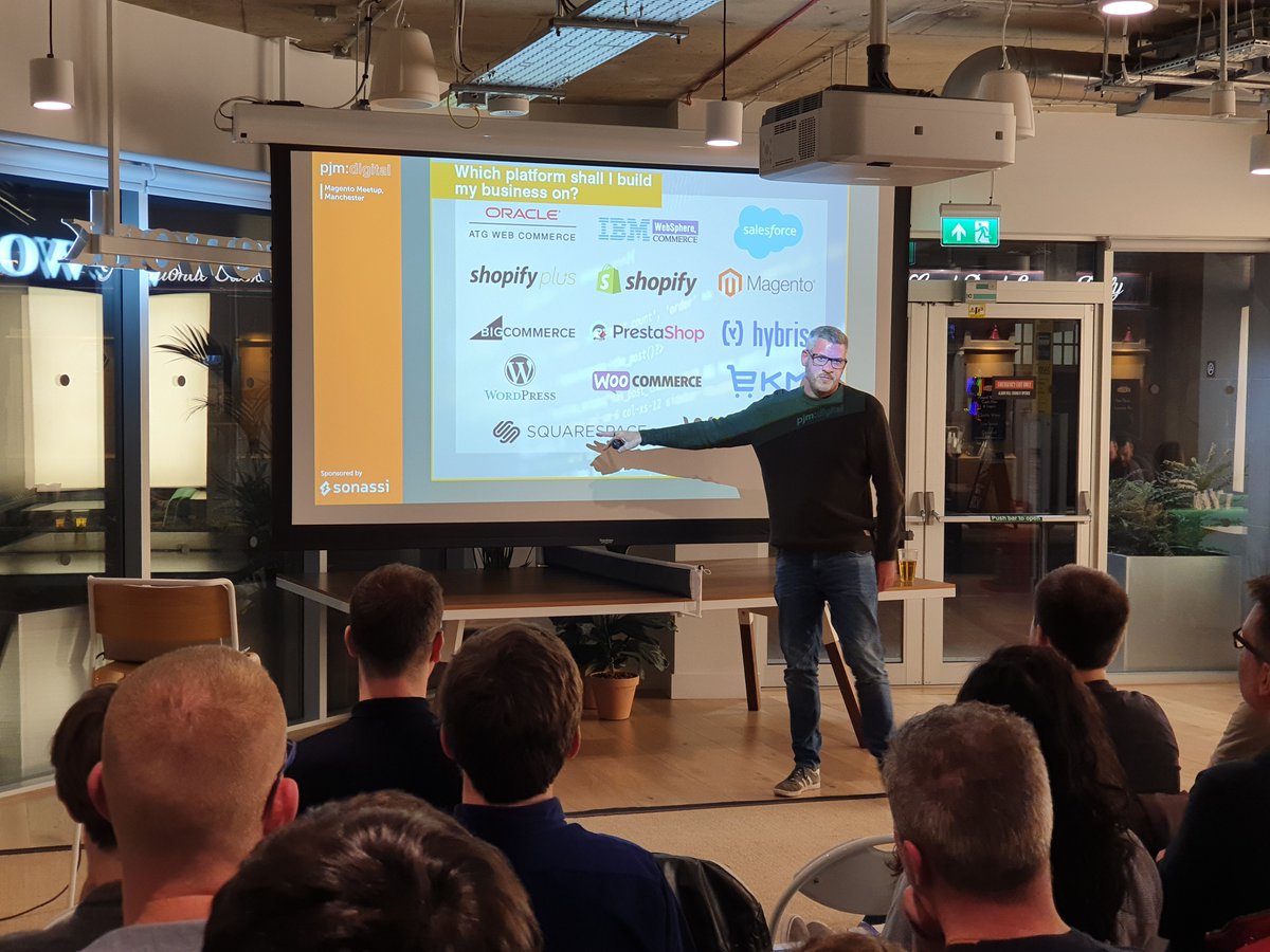 PushONltd's tweet photo. And here we have @philmyerscough discussing recommended platforms such as #Magento and #Spotify, and common questions asked by his clients. #McrMagentoMeetup https://t.co/wobgV7g897