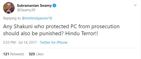 Now lets look at Swamy's anti corruption campaign.Swamy tried to convince his supporters that Jaitley was a Shakuni, whereas Jaitley lived for BJP and he died for BJP.All the corruption cases progressed well, mighty Chidambaram stayed in jail for 100 days, which was huge.