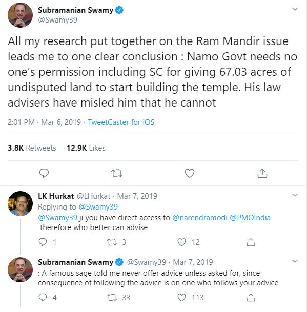 He always potrayed himself as the champion of Ram Mandir politics. He kept giving the ideas that Modi should use the power to resolve the issue whereas Modi government always wanted to conclude case in a legal way which fits into constitutional framework, which they did in 2019