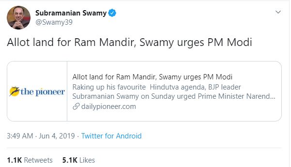 He always potrayed himself as the champion of Ram Mandir politics. He kept giving the ideas that Modi should use the power to resolve the issue whereas Modi government always wanted to conclude case in a legal way which fits into constitutional framework, which they did in 2019