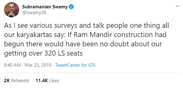 Before 2019 Lok Sabha elections, Swamy made noise that if Modi would have delivered his promises on Hindutva, then NDA would win 320 seats without Hindutva winning 2019 is difficult. Swamy was disappointed once again, NDA won 2019 with 350 seats Chanakya biting dust once again