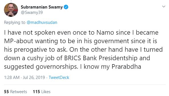 Here is a clear indication that Modi ji doesn't give a damn to Swamy and his so called Brilliant ideas.Swamy has openly admitted that Modi never made any contact with him nor did he seek his advice.If you all notice Swamy wasn't invited for the swearing-in ceremony in 2019.