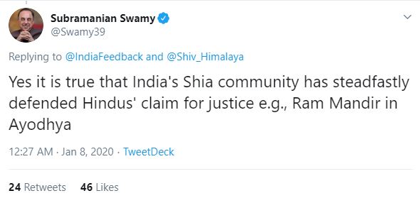 Now let& #39;s see wat Swamy has been talking about Muslims in India.He kept convincing that Shia community is helping Hindus & how they have accepted the existence of Ram Mandir & Shias are with BJP.Shia scholars were equally involved in Shaheen Bagh, they are also Hinduphobic