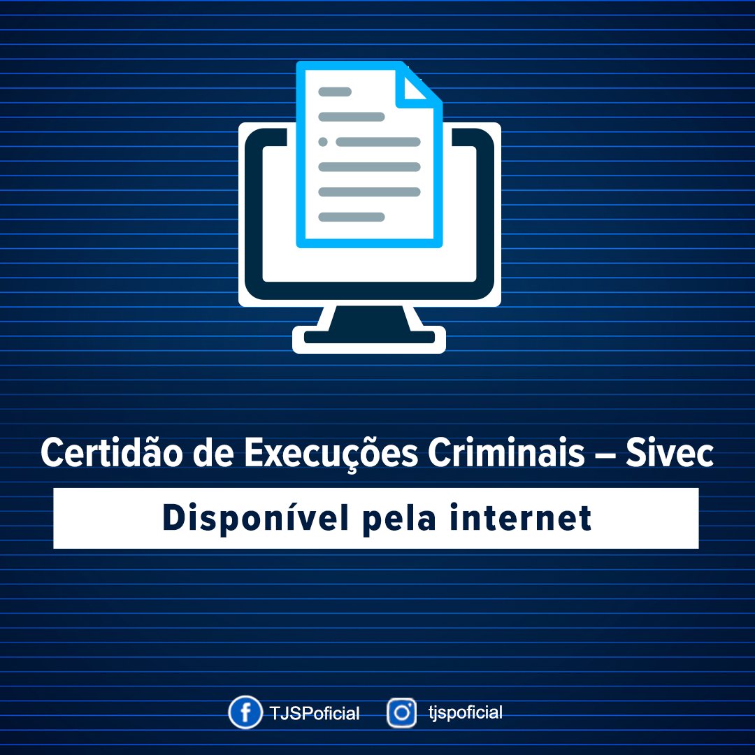TJSPoficial's tweet photo. Você sabia que é possível solicitar a Certidão de Execuções Criminais – Sivec pela internet? Acesse o site do TJSP (https://t.co/3S4Gy4fC4Q) e saiba como fazer a solicitação. #Certidão #ExecuçõesCriminais #Sivec #ServiçoTJSP #AJustiçaPróximadoCidadão https://t.co/skElbUrNh1