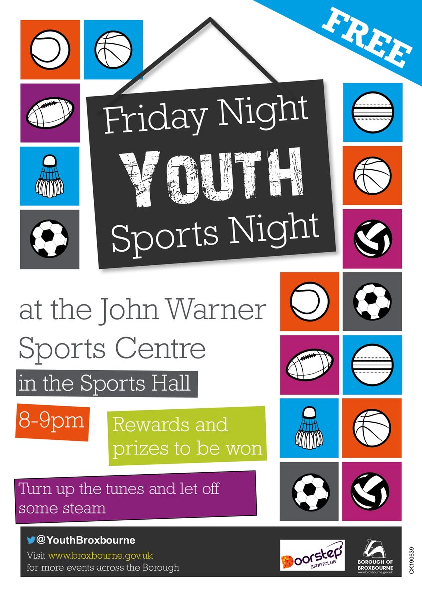 Loads to do this evening for young people in Broxbourne
1) Friday Night Football at 
<a href="/LauraTrottLC/">LauraTrottLC</a>
 in Cheshunt 6-8pm
2) Youth Sport Night at 
<a href="/JohnWarnerSC/">John Warner SC</a>
 in Hoddesdon 8-9pm.
Both free to attend