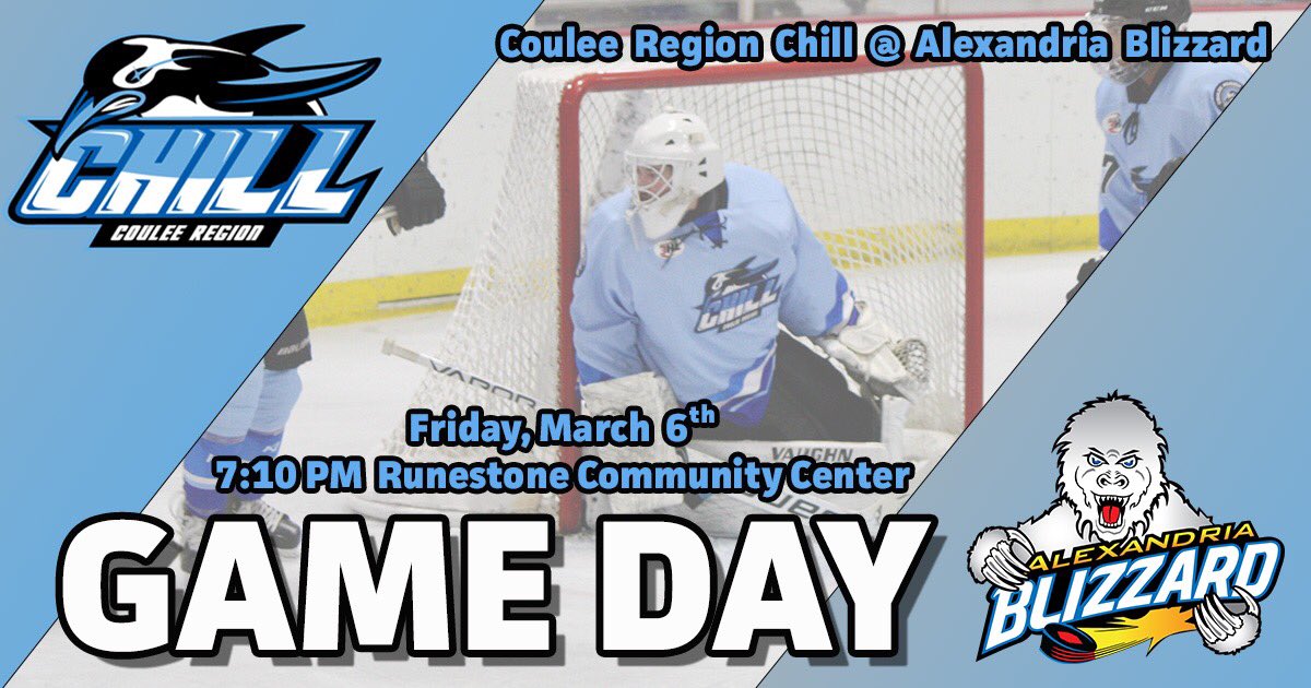 GAME DAY!! 

The Chill are on the road as they travel to Alexandria to take on the Blizzard in their final regular season weekend series! 

Puck drops at 7:10PM! Catch all the action on HockeyTV!