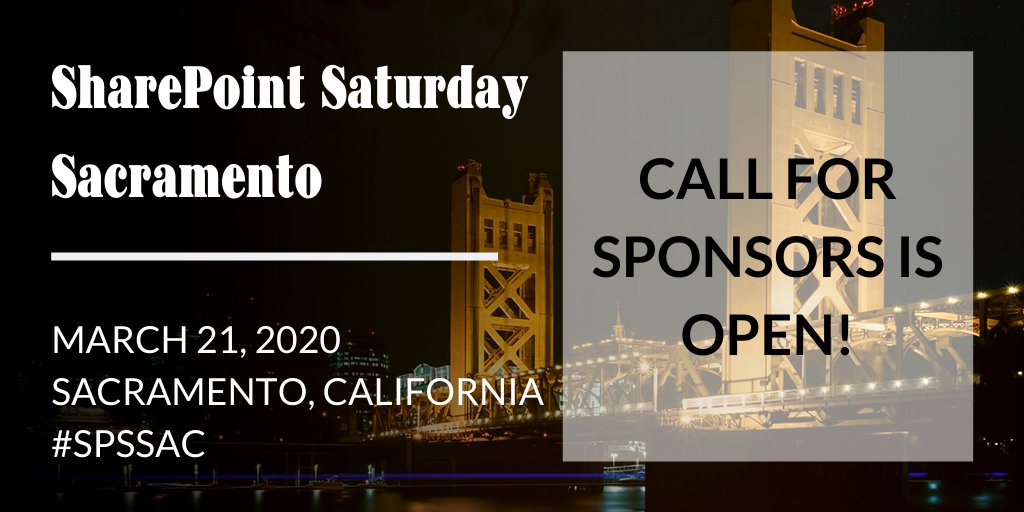EricaToelle's tweet photo. The call for sponsors for SPS Sacramento is open for March 21, 2020!
#SPSSAC is unique because there are attendees from the CA State gov. They all either have #Office365 or are deploying. They need your help!
Find the sponsor packages here! π
https://t.co/uIc2joYA8Q https://t.co/oKSw6QfmCu