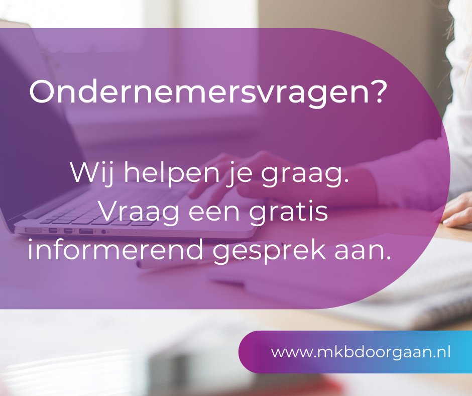 Of het nou goed of minder goed gaat met je onderneming, elke ondernemer loopt weleens met vraagstukken rond.👨‍💻

Hoe kom ik aan geld? Hoe bereik ik meer klanten? Hoe kan ik mijn bedrijf laten groeien? 📈

Wij kunnen je kosteloos helpen. Kijk maar eens op: mkbdoorgaan.nl/nl