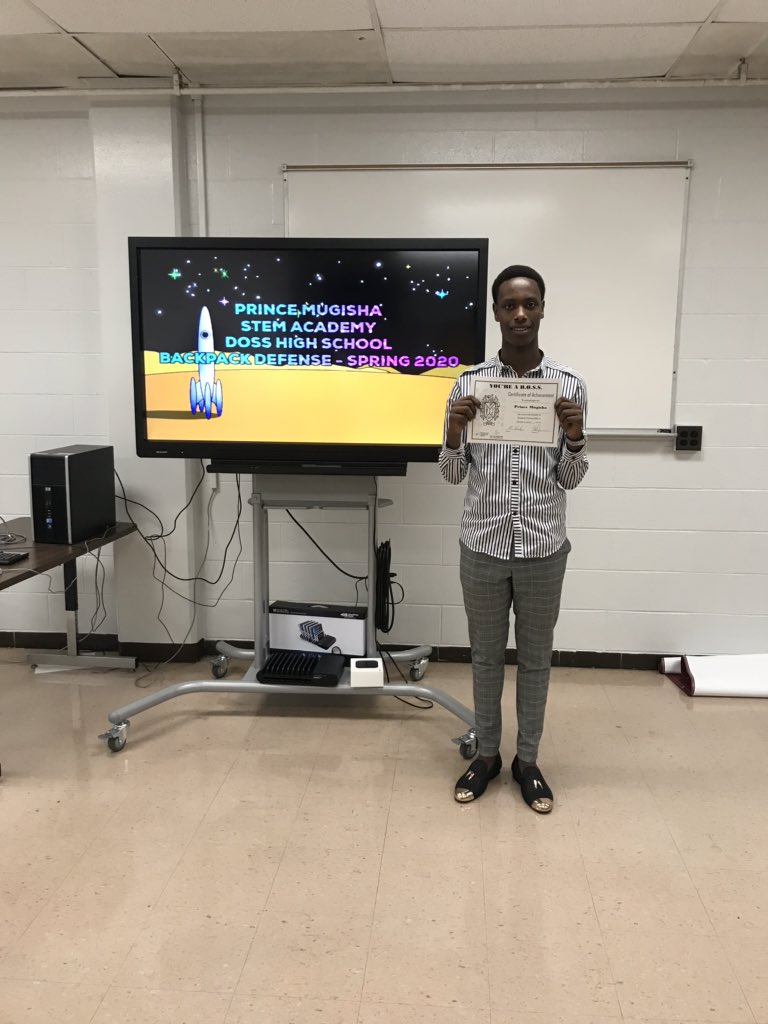 AmandaHall55's tweet photo. Congrats to Prince Mugisha for successfully defending his backpack today! Such an inspiring story from this great kid! @Doss_High @Doss_STEM https://t.co/OtXy7PAzDq