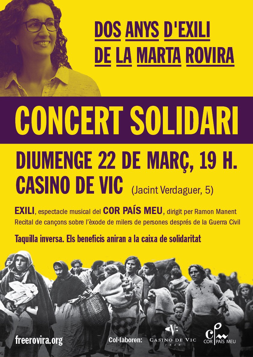 🔴 2️⃣2️⃣ de MARÇ!  VIC

Atenció! Concert solidari pels 2 anys d'exili de la Marta. 

📅Apunteu-ho a la agenda!

No us ho podeu perdre! 
#freerovira #freeThemAll #Vic #Osona