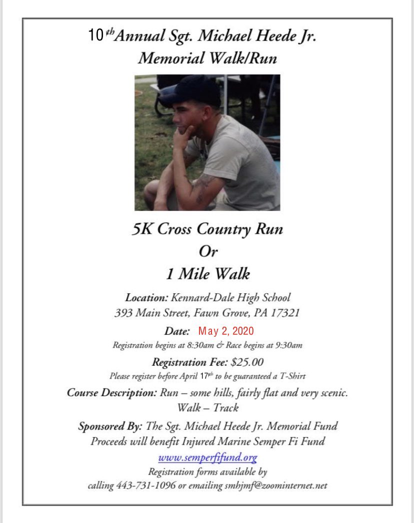 ToddGibneyPSU's tweet photo. The time is near.  The 10th Annual SGT. Mike Heede, Jr. 5K &amp; Walk will be May 2, 2020 at KDHS.  Re-tweet, put on social media..... whatever it takes to make this year the best yet.  For more about SGT Heede’s story, see attached and visit https://t.co/DSrqFzkv2R @DeusenNathan https://t.co/dl1xADND64
