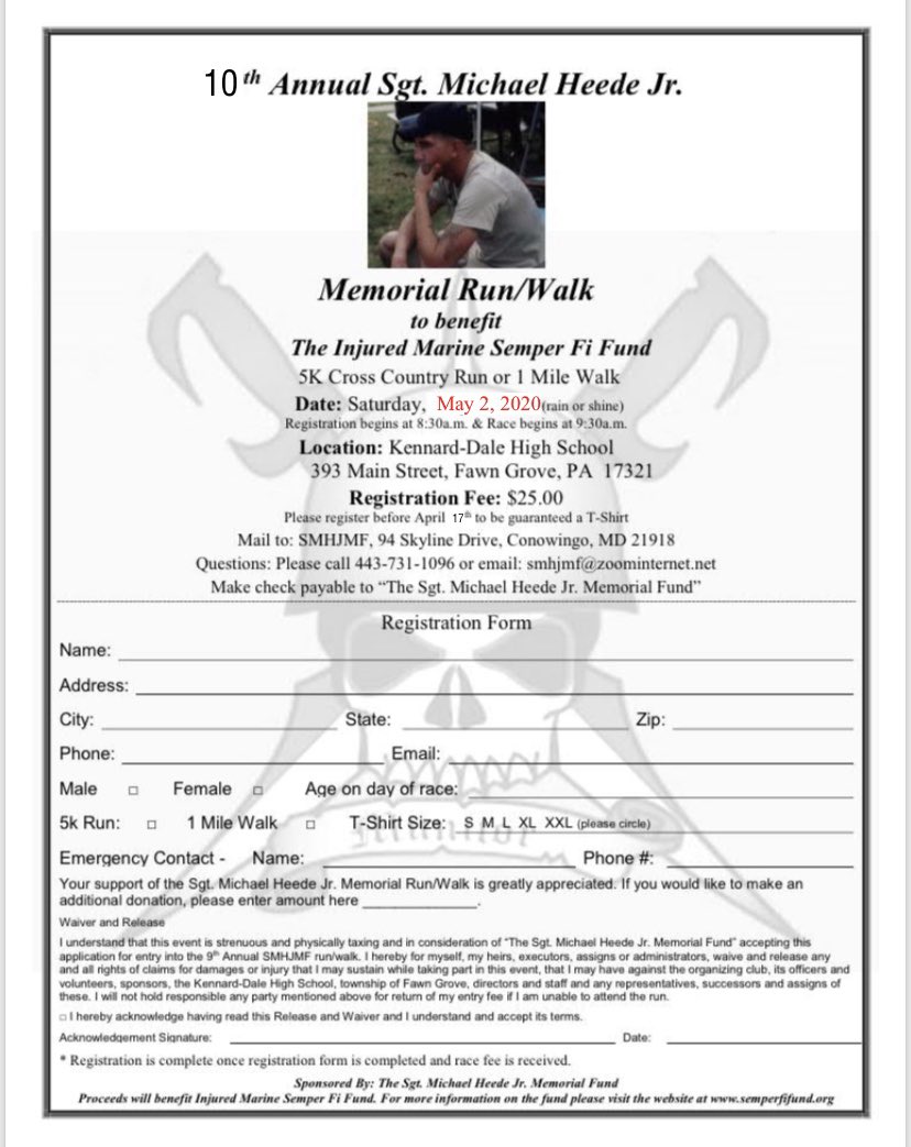 ToddGibneyPSU's tweet photo. The time is near.  The 10th Annual SGT. Mike Heede, Jr. 5K &amp; Walk will be May 2, 2020 at KDHS.  Re-tweet, put on social media..... whatever it takes to make this year the best yet.  For more about SGT Heede’s story, see attached and visit https://t.co/DSrqFzkv2R @DeusenNathan https://t.co/dl1xADND64