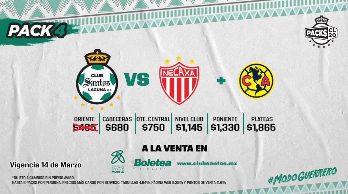 ClubSantos's tweet photo. ¡Ya puedes asegurar tus boletos Vs @ClubNecaxa y @ClubAmerica en venta libre! 😱😱😱
Adquiere el #Pack4 y asiste a nuestras siguientes dos batallas en casa.
➡ Venta libre vs América inicia 30 de marzo.
#ModoGuerrero 🇳🇬⚔ https://t.co/StQKDEJmP1