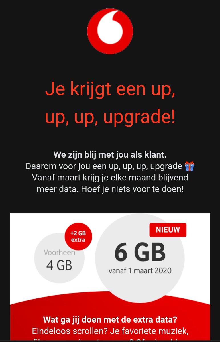 rik_koning's tweet photo. Bedankt @vodafoneNL! Van 4GB + 2GB naar 6GB! Dat is nou wat je noemt een up, up, up, upgrade! En dat helemaal gratis, wauw! #sarcasmmodeoff Stuur dan gewoon een mail dat je als @ZiggoWebcare abonnee geen voordeel meer hebt t.o.v. niet-Ziggo abbonnees. Dit is een beetje droevig 🤔 https://t.co/2xGeUuB1fK