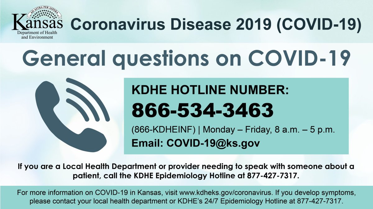 KDHE's tweet photo. Have questions about #COVID19 (coronavirus disease 2019)? We have answers. Give us a call, email or check the COVID-19 Online Resource Center: https://t.co/VPDMkEBKG9 https://t.co/ZPdskFEfNn