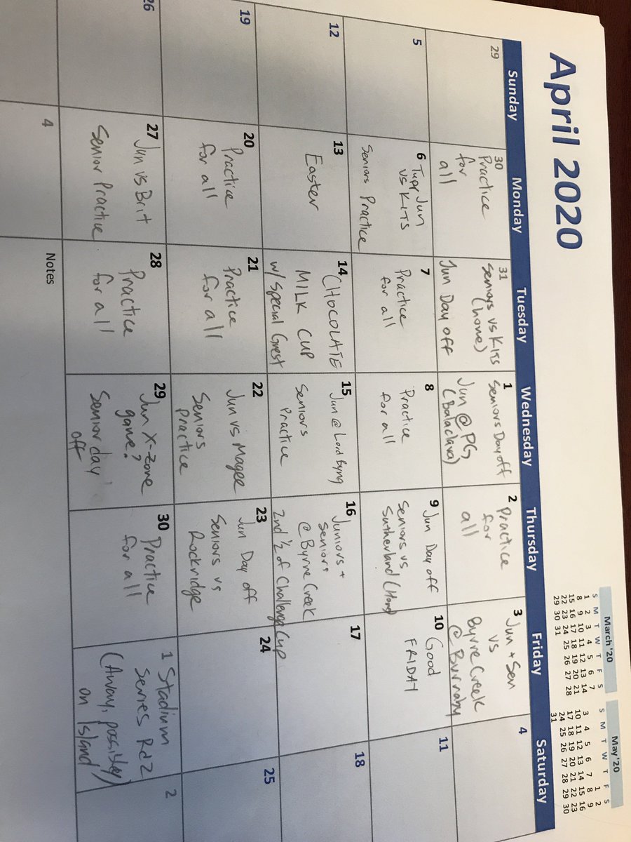 Tupper rugby schedule for the month of April, please book your doctors, dentists, specialists, Dnd parties, and haircuts for days that you dont have practices or games.  Please communicate with your parents and work to avoid conflicts.