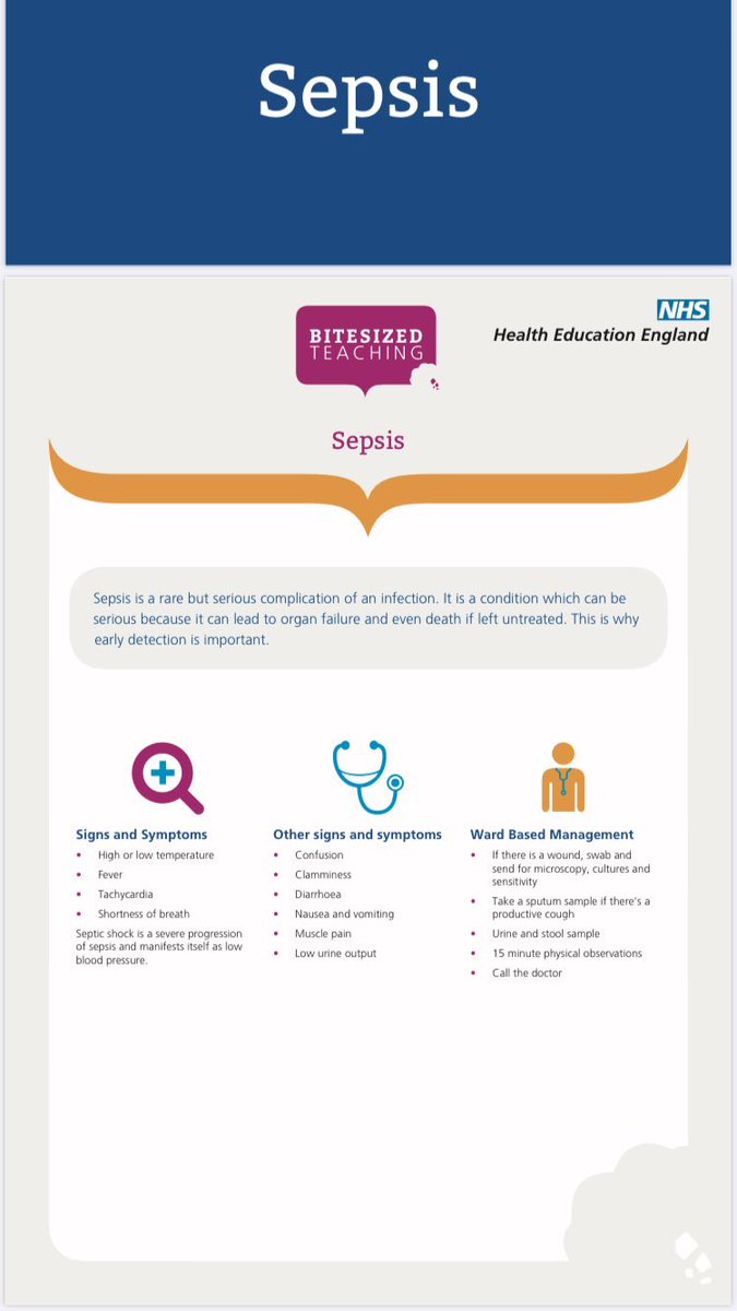 Sepsis is a rare but serious complication of an infection. If left untreated can be fatal for our patients. Our learning resource has several common early indicators that can be used in conjunction with your ‘Bitesized Teaching’ sessions #bitesizedteaching #parityofesteem #sepsis