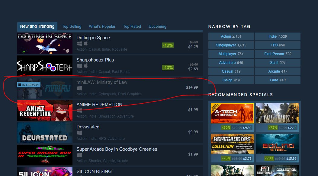 lassominilaw's tweet photo. On the 3rd page of "New and Trending" for Shooters on Steam! #minilaw #indiedev #gamedev @lasso_games https://t.co/WwyTNfEEWK