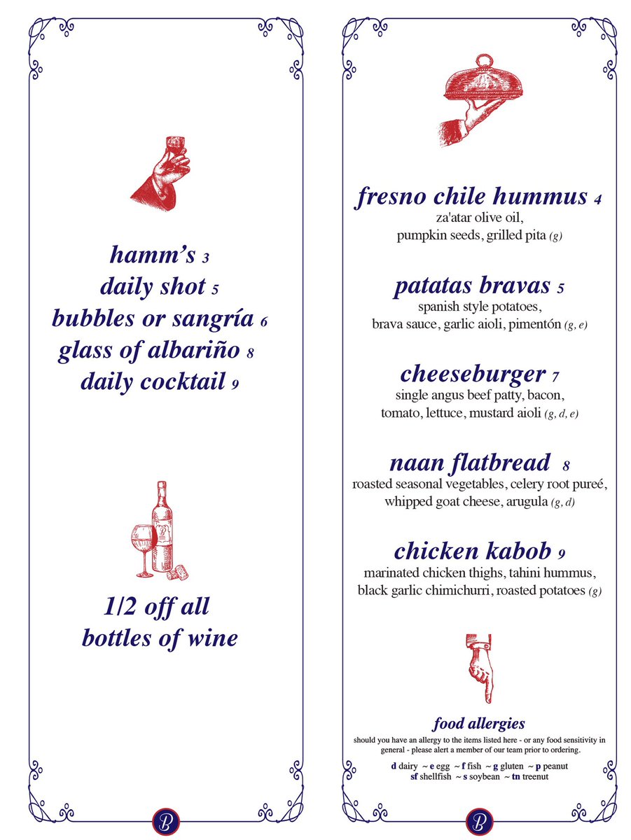 Oh Happy Days! Our new Patatas Bravas {spanish style potatoes, brava sauce, garlic aioli, &amp; pimentón} is just $5 all day thanks to our Happy Days menu... Swipe to see what else we got {like $3 Hamm’s,$7 burgers, &amp; half price bottle of wine — #AllDayEveryDay}.