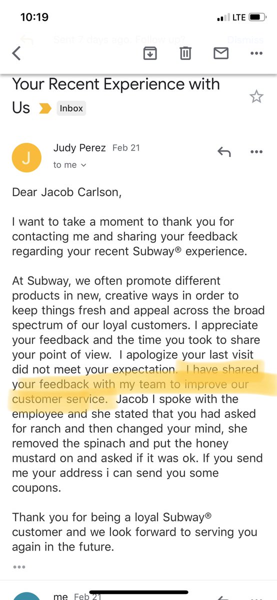 Jakestaaaa's tweet photo. @SUBWAY is it standard protocol for your representatives to place blame on customers and call them liars? Still waiting on a response from Judy Perez. Two weeks later. Very sad. Guess you let employees treat customers this way. https://t.co/V4TM8NZsYU