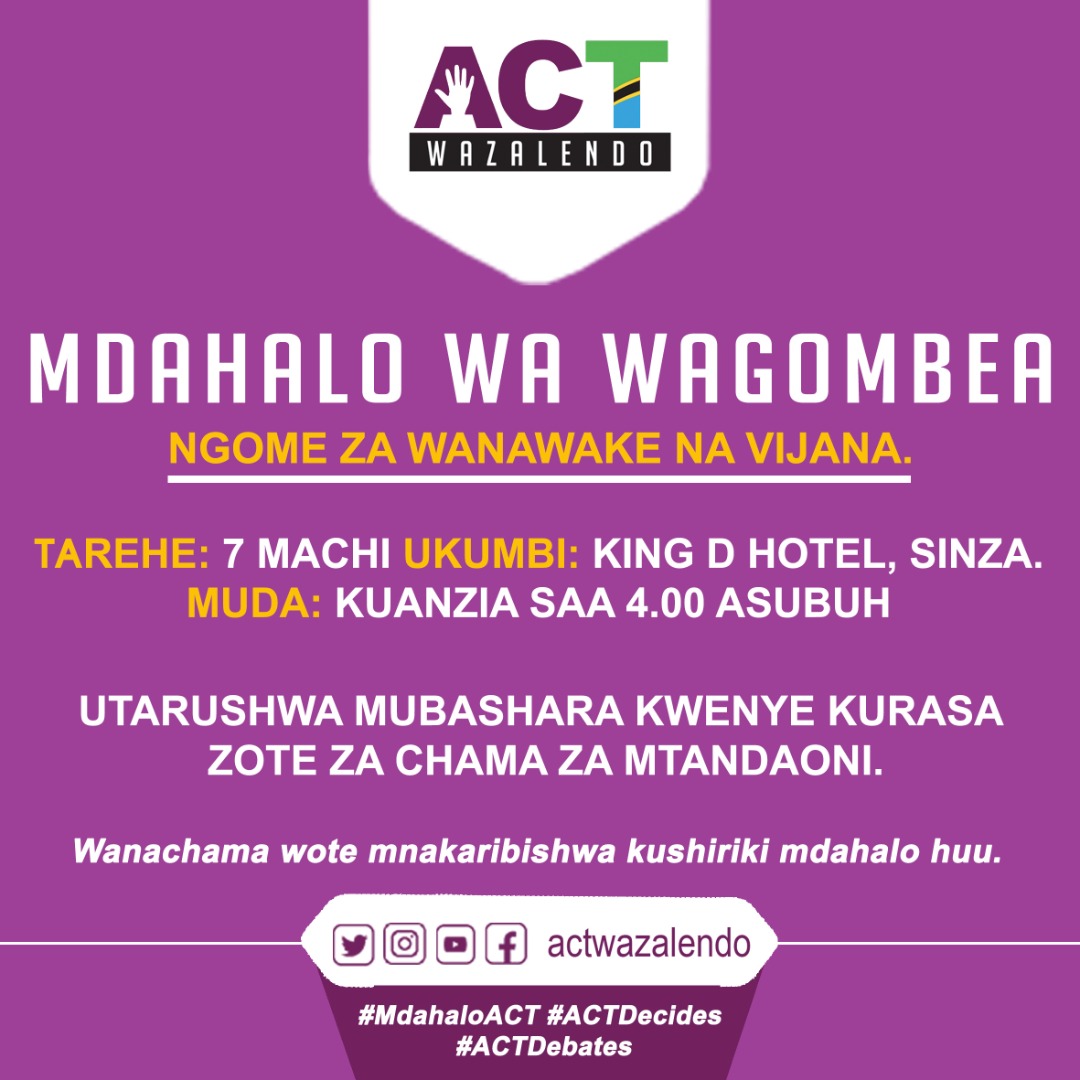 salimbimani2's tweet photo. Chama cha @ACTwazalendo kitafanya Mdahalo wa wagombea wa uenyekiti wa Ngome za Wanawake na Vijana kwenye uchaguzi wa ACT Wazalendo. Mdahalo utafanyika kwenye Hoteli ya King D iliyopo Sinza, Dar es salaam kuanzia saa 4.00 asubuhi. #MdahaloACT #ACTDecides #ACTDebates https://t.co/xcSHWi8Xm7