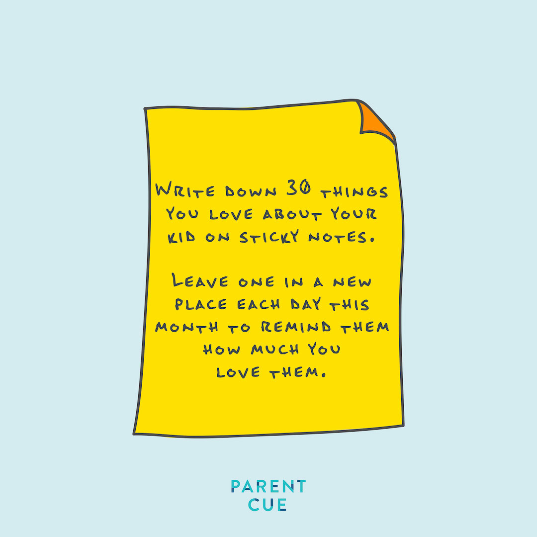 ACFkids's tweet photo. PARENT CHALLENGE: Write down 30 things you love about your kid on sticky notes. Leave one in a new place each day this month to remind them how much you love them. https://t.co/3rtMH3aq1E