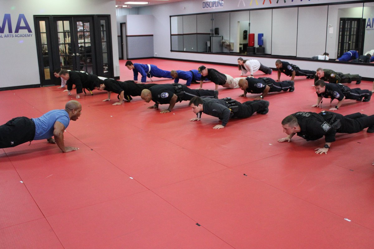 CCSOVA's tweet photo. The Sheriff’s Office, Fire and Police were at BMA Martial Arts for the Push-up 4MS Challenge. Robert Roberts lead the group for three reps to raise awareness for Multiple Sclerosis (MS). Post a pic or video on social media using the hashtag #Pushup4MS #CSOPRIDE https://t.co/6wVcbPmwag