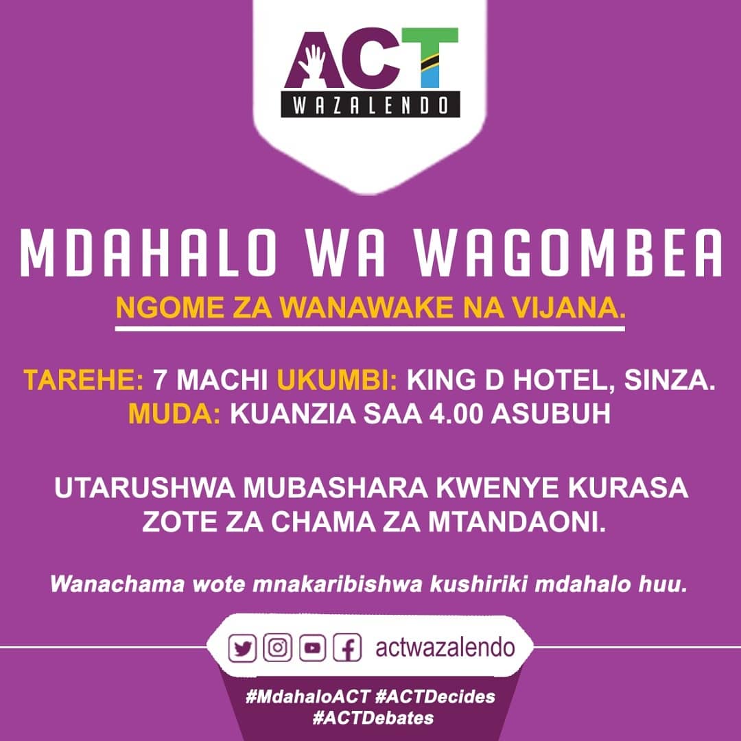 SuphianJuma's tweet photo. Chama cha @ACTwazalendo kitafanya Mdahalo wa wagombea wa uenyekiti wa Ngome za Wanawake na Vijana kwenye uchaguzi wa ACT Wazalendo. Mdahalo utafanyika kwenye Hoteli ya King D iliyopo Sinza, Dar es salaam kuanzia saa 4.00 asubuhi. #MdahaloACT #ACTDecides #ACTDebates https://t.co/JDfyPxT5h5