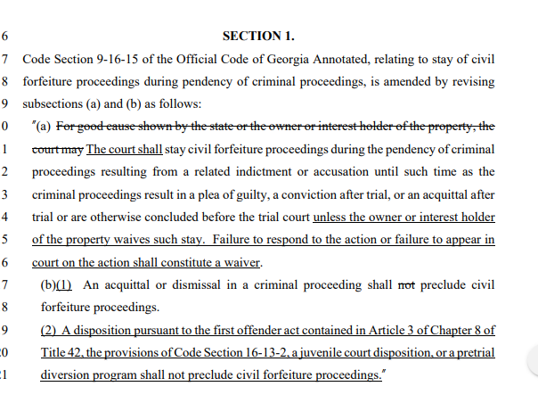 ASFleischman's tweet image. Coming up soon to the Georgia General Assembly, HB 1086, which stays civil forfeiture until AFTER criminal proceedings have finished and, wonder of wonders, returns property to those who have been acquitted. /1

legis.ga.gov/Legislation/en…
