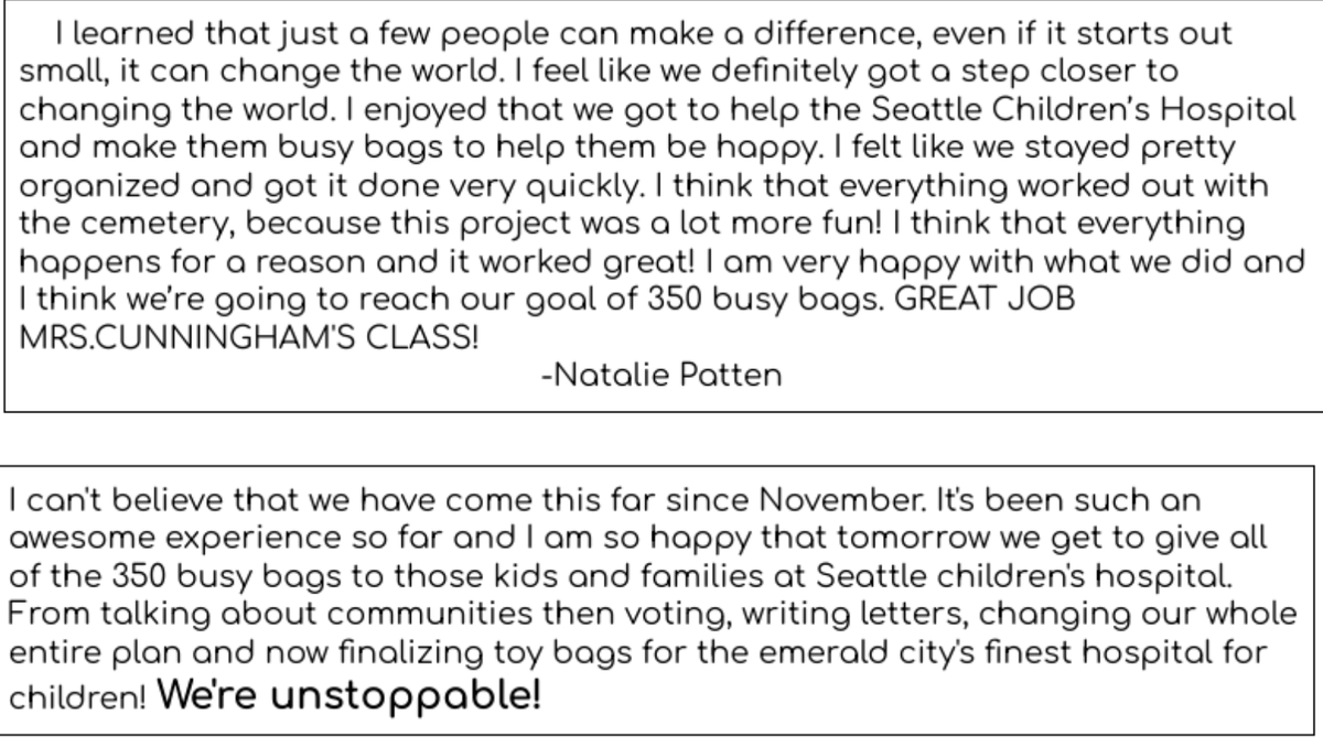 jutecht's tweet photo. @bjcsdc94 4th grade students reflect on their service-learning project. Her goal to make learning Irresistible, Deep, Exciting, Authentic (IDEA). The reflections tell it all. #ncce2020 #esdvision https://t.co/lEHxpA0pPR