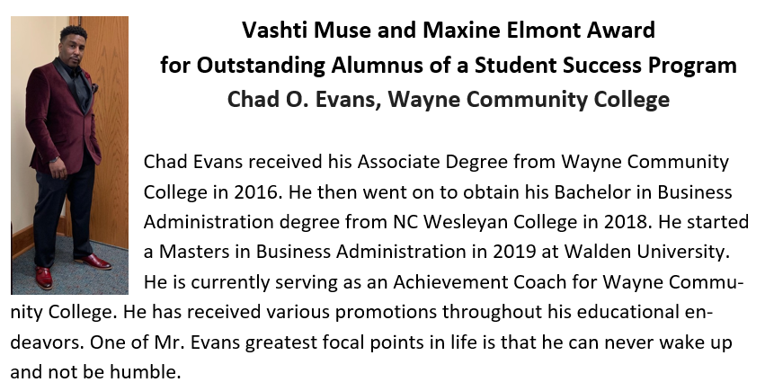 NOSSbuzz's tweet photo. The Vashti Muse and Maxine Elmont Award for Outstanding Alumnus of a Student Success Program recognizes an alumnus of a student success program who has distinguished himself/ herself in an educational career and other areas of life. This year's winner is Chad O. Evans. #NOSS2020 https://t.co/WvpMUkkPvO