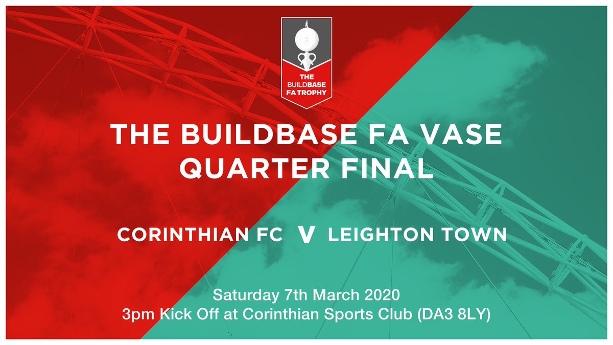 CorinthianFC's tweet photo. The #FaVase Quarter Final is now hours away with #TheHoops all set to welcome @LeightonTownFC to #CFC

⏰ : 3pm Kick Off
📍 : Corinthian Sports Club

The bar will be showing the early PL game from 12pm with the turnstiles open from 1.30pm. There is no pitch inspection scheduled. https://t.co/yBqLwqiRxE