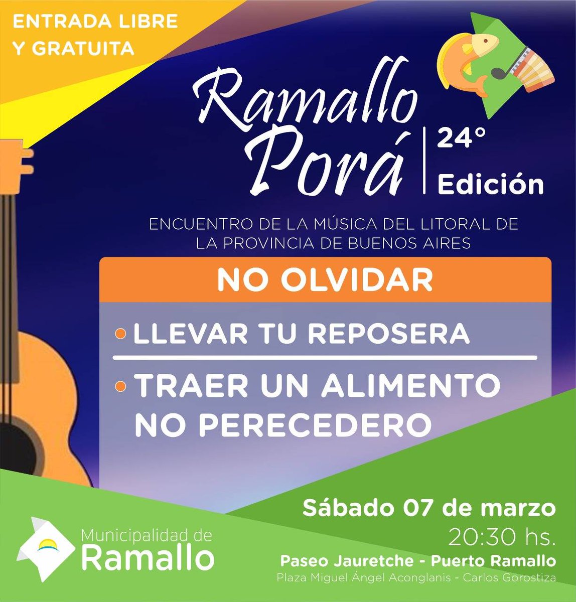 Muni_Ramallo's tweet photo. #Porá2020 👉 No olvides traer tu reposera y un alimento no perecedero. https://t.co/aheUzN6z6m