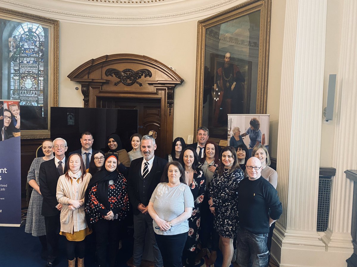 Workforceonline's tweet photo. Fantastic afternoon at Belfast City Hall celebrating the achievements of participants who completed the Housekeeping Employment Academy! Thanks Ian Gourley @OzoGroup_MT for delivering training &amp; to employers @TitanicHotelBel &amp; Andras House! @belfastcc @lgourleyl @danielbakersf https://t.co/yTaO7ZIT0R