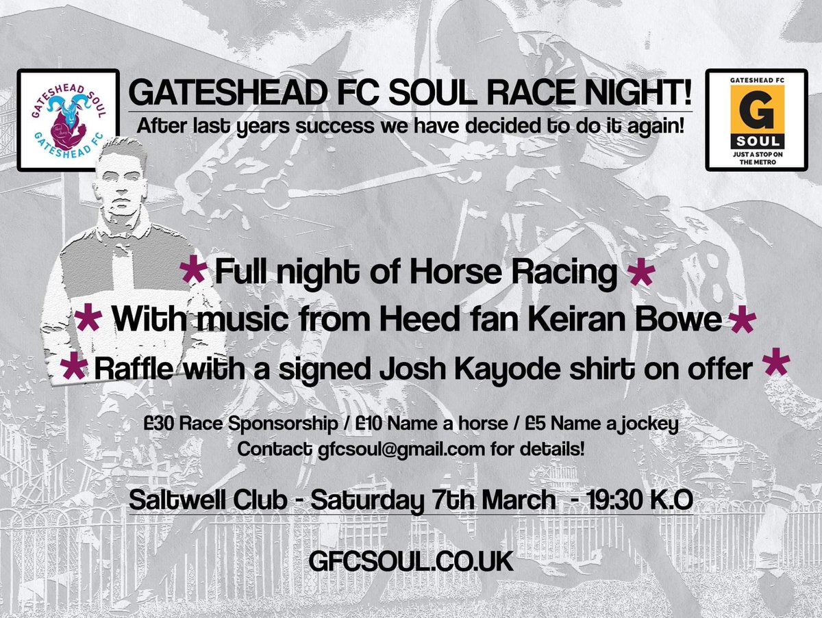 It’s finally the weekend and that means it’s just one day until <a href="/GatesheadFC/">Gateshead FC</a> are back playing at home and we have your perfect Cheltenham week warm up with our Fundraising Race Night. 

It’s free entry for all at the Saltwell Club from 7:30pm with families welcomed...